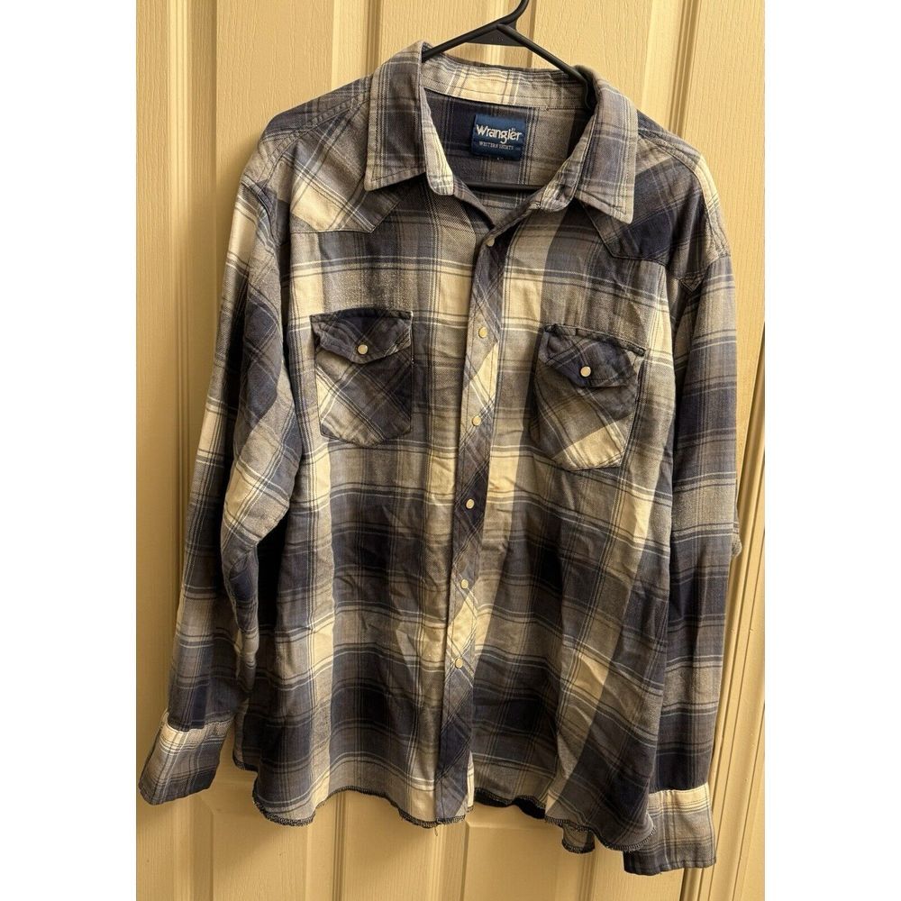 Wranglers Shirt Mens 2XL Blue‎ Plaid Pearl Snap Western Pockets Long Sleeve